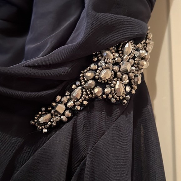 Navy Alex Evenings Formal Dress with Side Slit and Jeweled Embellishment - Picture 2 of 5